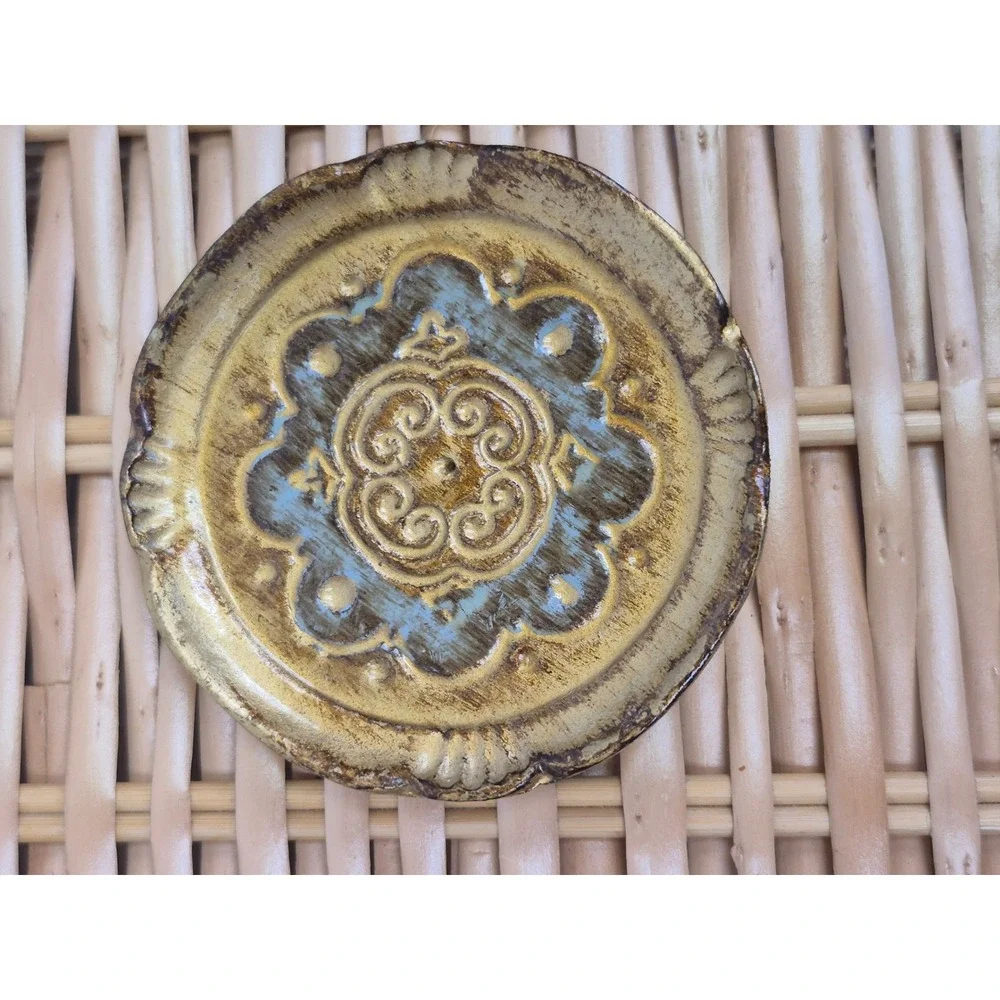 Vintage Florentine Gold Blue Embossed Wood Trivets Set of 6 Italian Wall Decor
